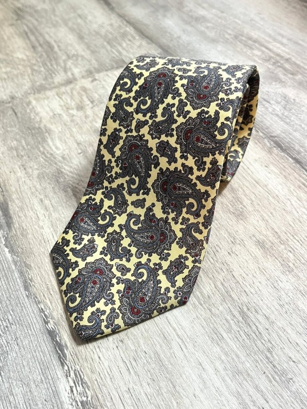 Liberty of London Vintage 100% Silk Tie, Pale Yellow + Gray Paisley
